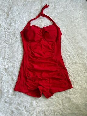 New In Packaging Century Star Red Halter Tie One Piece Swimsuit Romper Size L